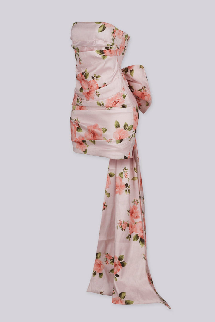 Floral satin mini dress with ruched front,
Oversized statement bow at the back