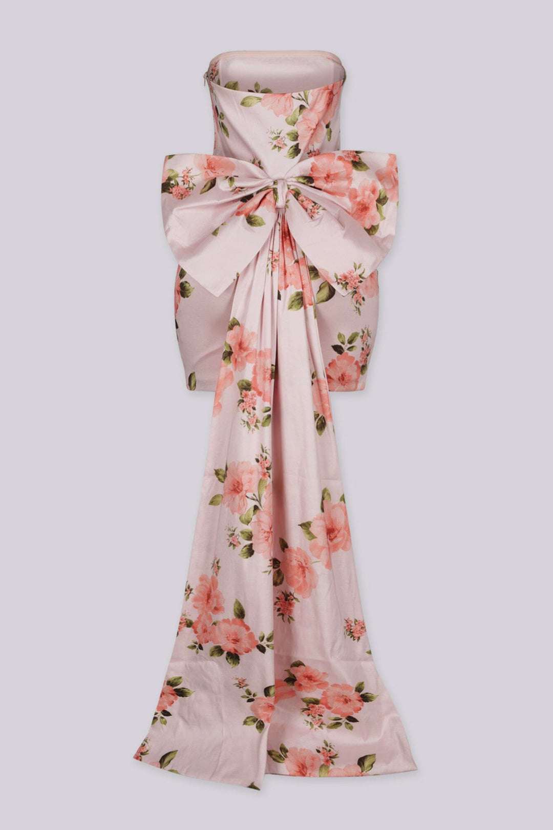 Floral satin mini dress with ruched front,
Oversized statement bow at the back