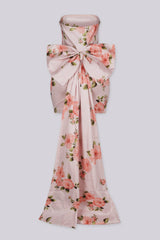 Floral satin mini dress with ruched front,
Oversized statement bow at the back