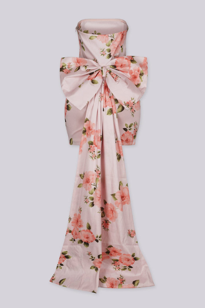 Floral satin mini dress with ruched front,
Oversized statement bow at the back