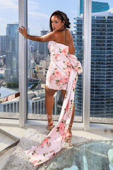 Floral satin mini dress with ruched front,
Oversized statement bow at the back