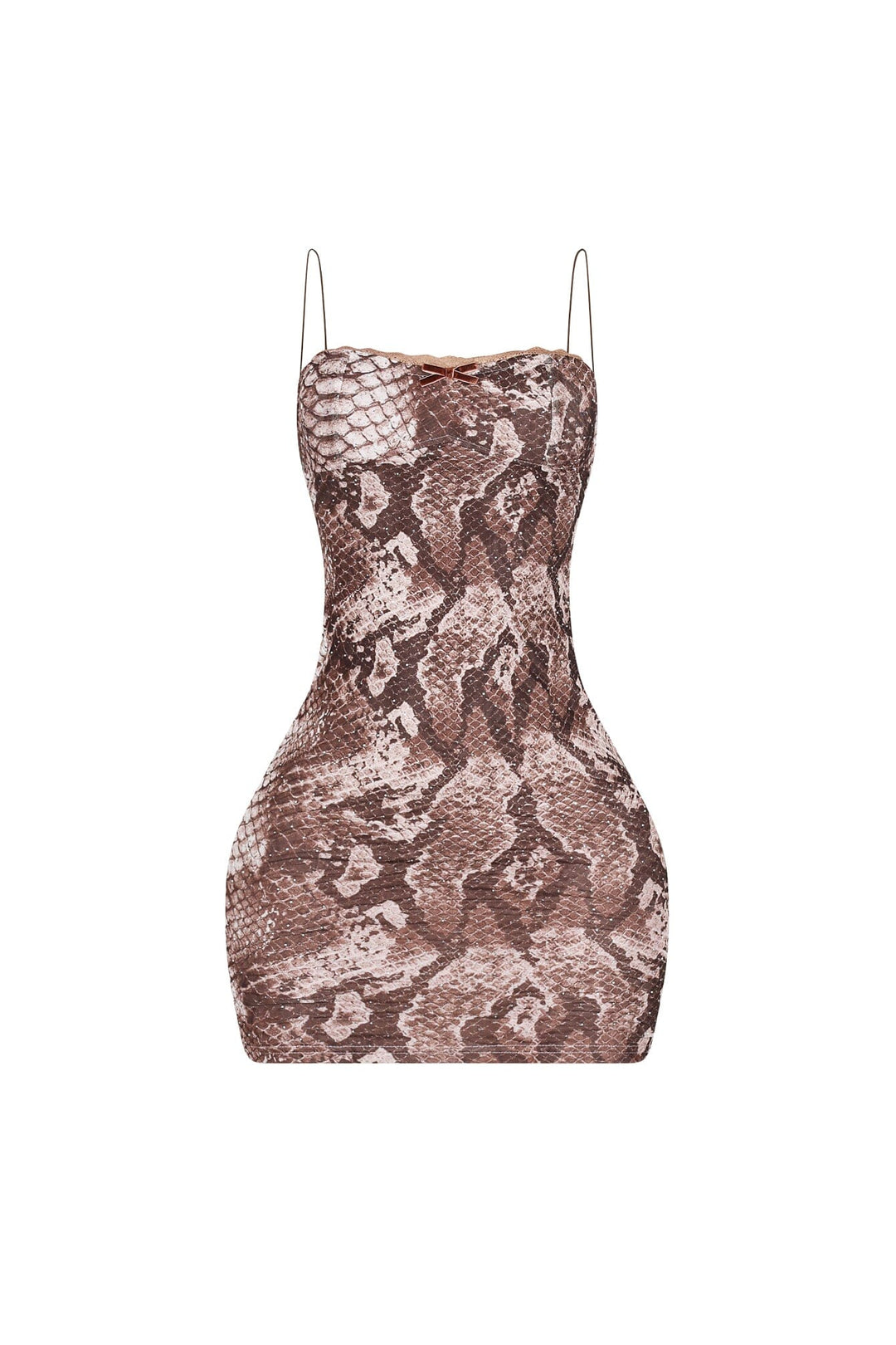 Snake print cami mini dress featuring all over rhinestone embellishments and lace trim detailing at the bust