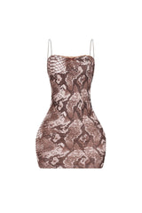 Snake print cami mini dress featuring all over rhinestone embellishments and lace trim detailing at the bust