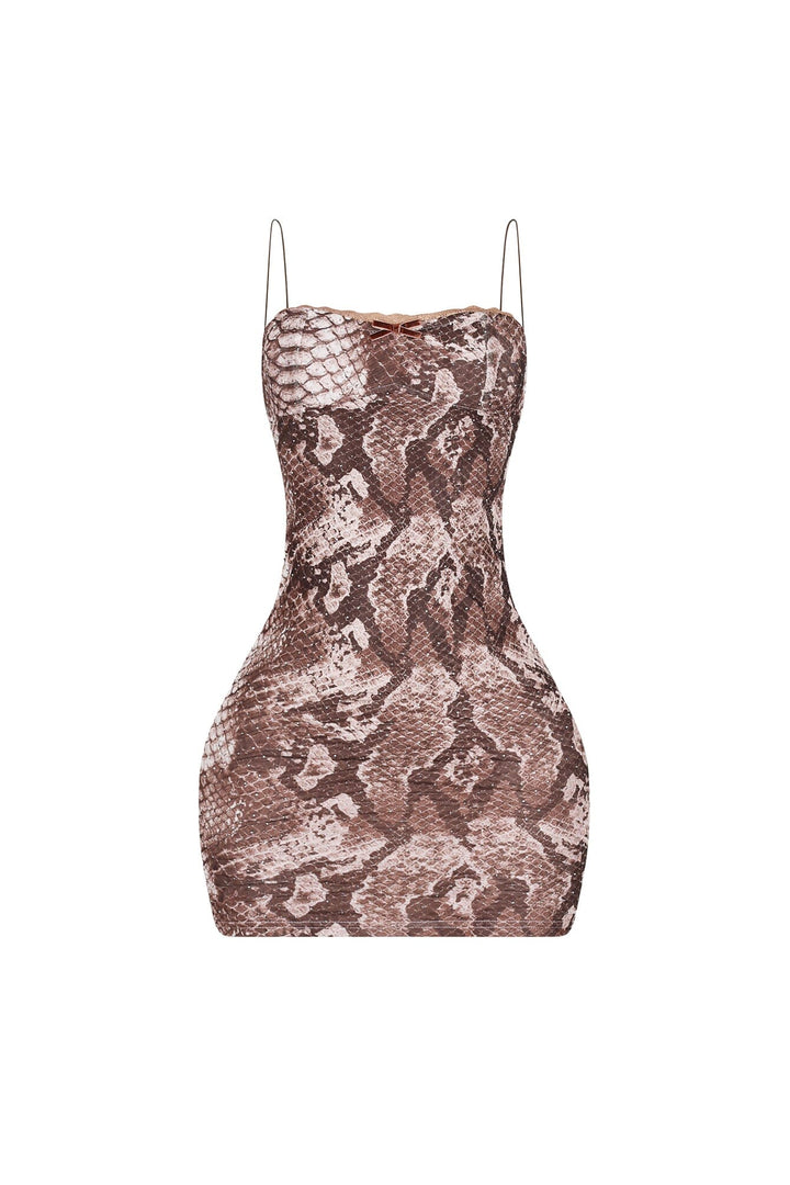 Snake print cami mini dress featuring all over rhinestone embellishments and lace trim detailing at the bust