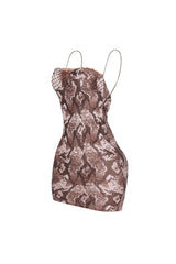 Snake print cami mini dress featuring all over rhinestone embellishments and lace trim detailing at the bust