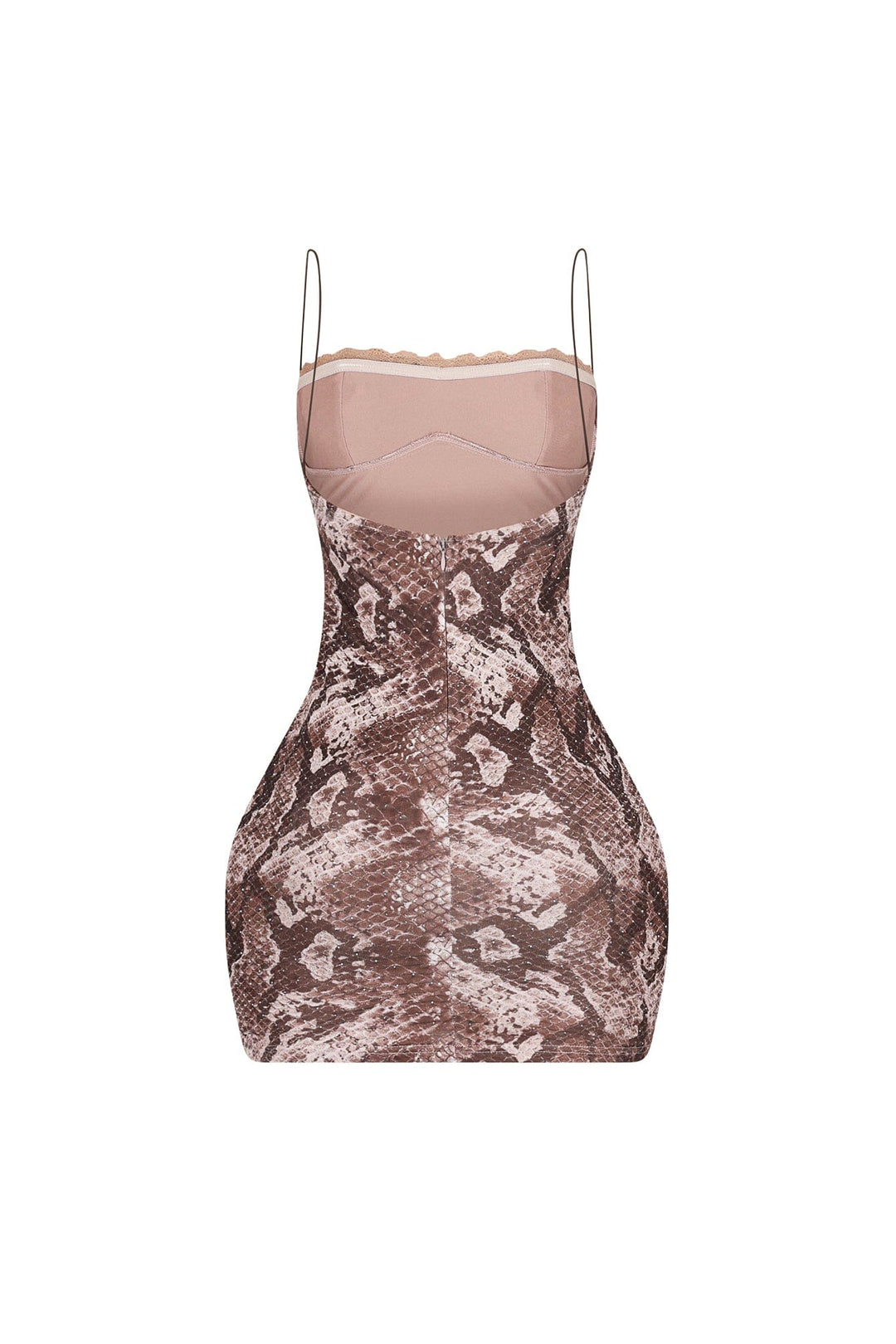 Snake print cami mini dress featuring all over rhinestone embellishments and lace trim detailing at the bust