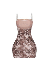 Snake print cami mini dress featuring all over rhinestone embellishments and lace trim detailing at the bust