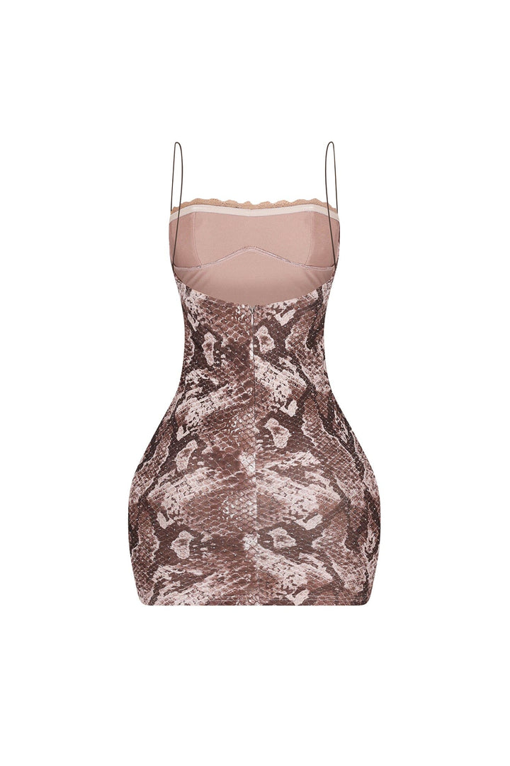 Snake print cami mini dress featuring all over rhinestone embellishments and lace trim detailing at the bust