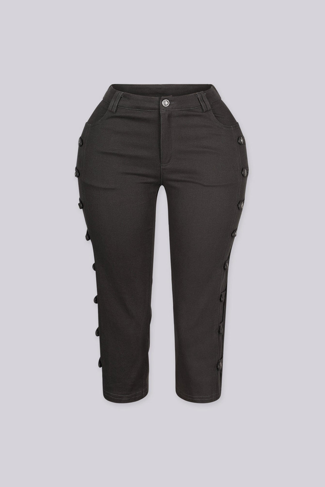 High rise capri denim pants with rows of decorative button trim running down each outer leg seam