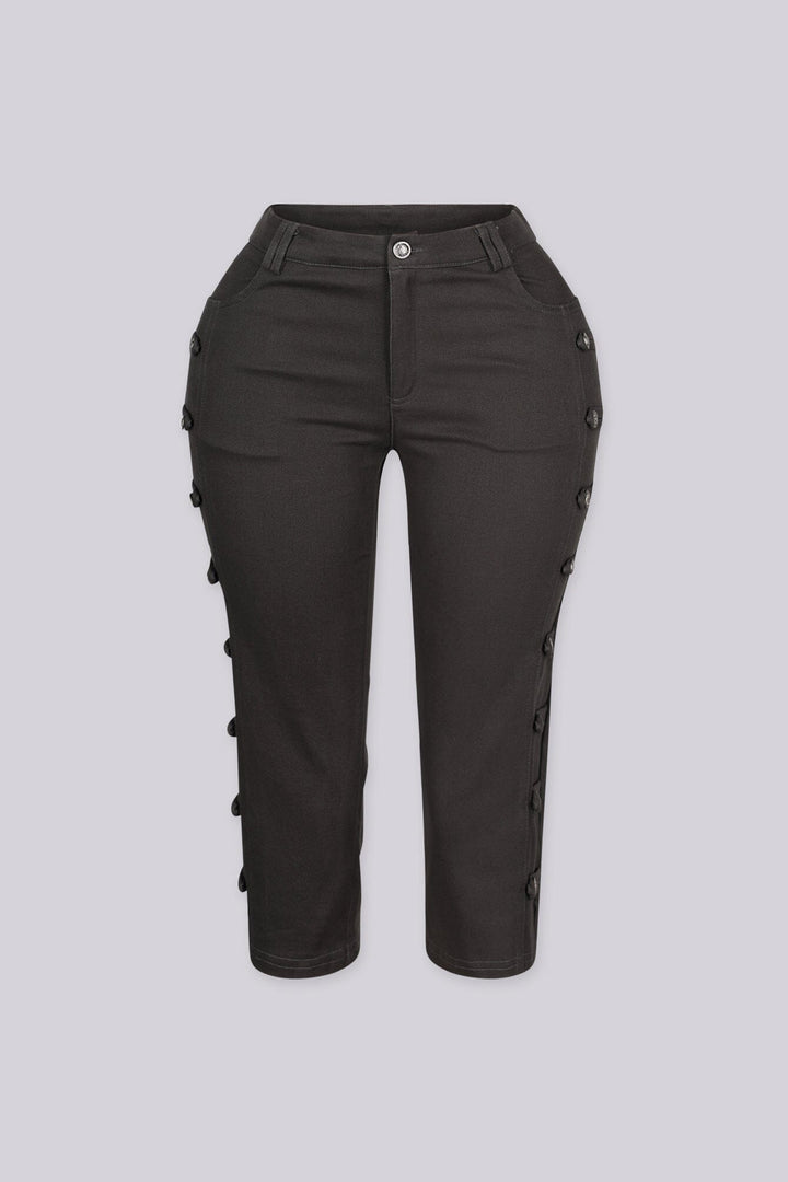 High rise capri denim pants with rows of decorative button trim running down each outer leg seam