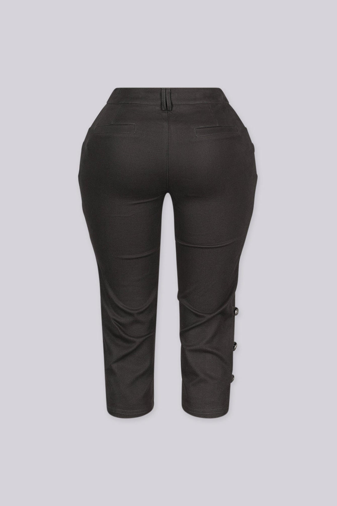 High rise capri denim pants with rows of decorative button trim running down each outer leg seam