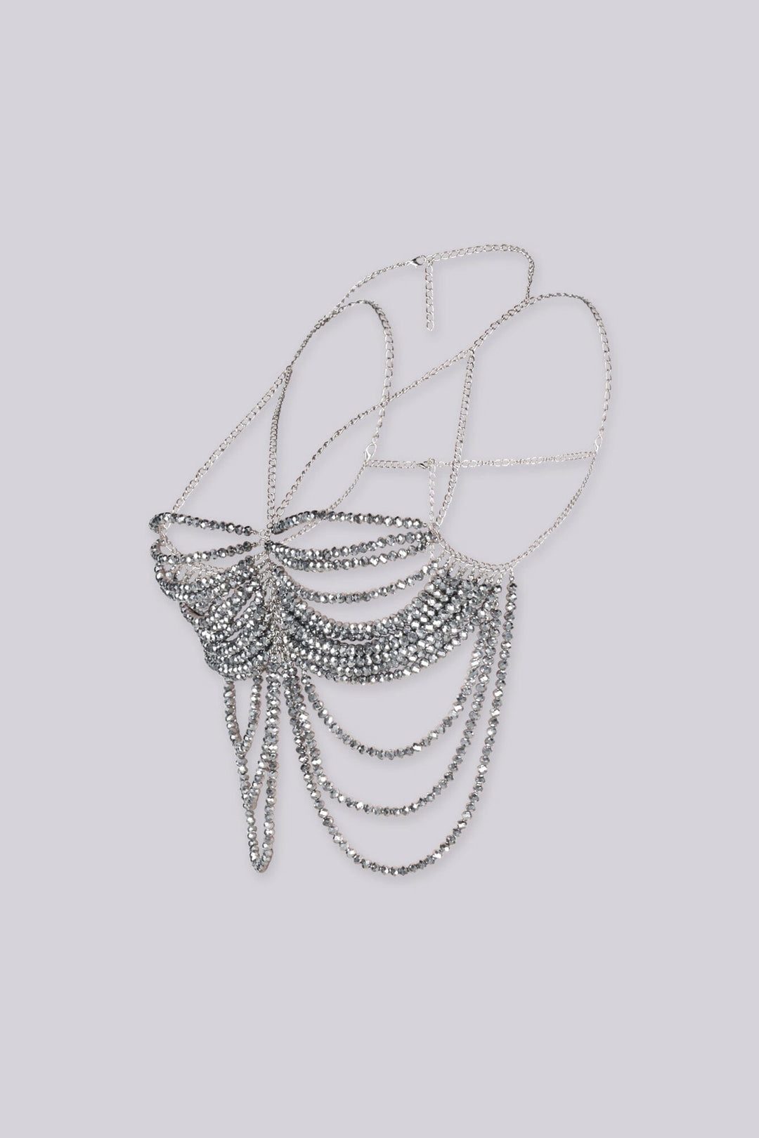 EDGE — gunmetal beaded chain top with layered draping, flat lay