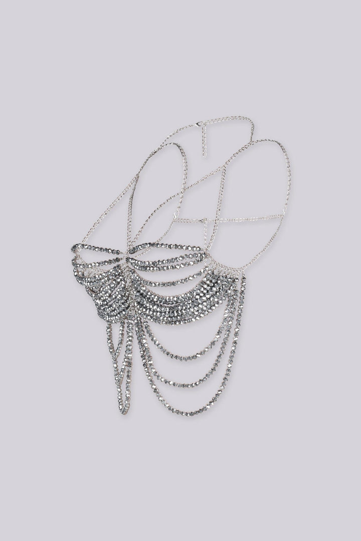 EDGE — gunmetal beaded chain top with layered draping, flat lay