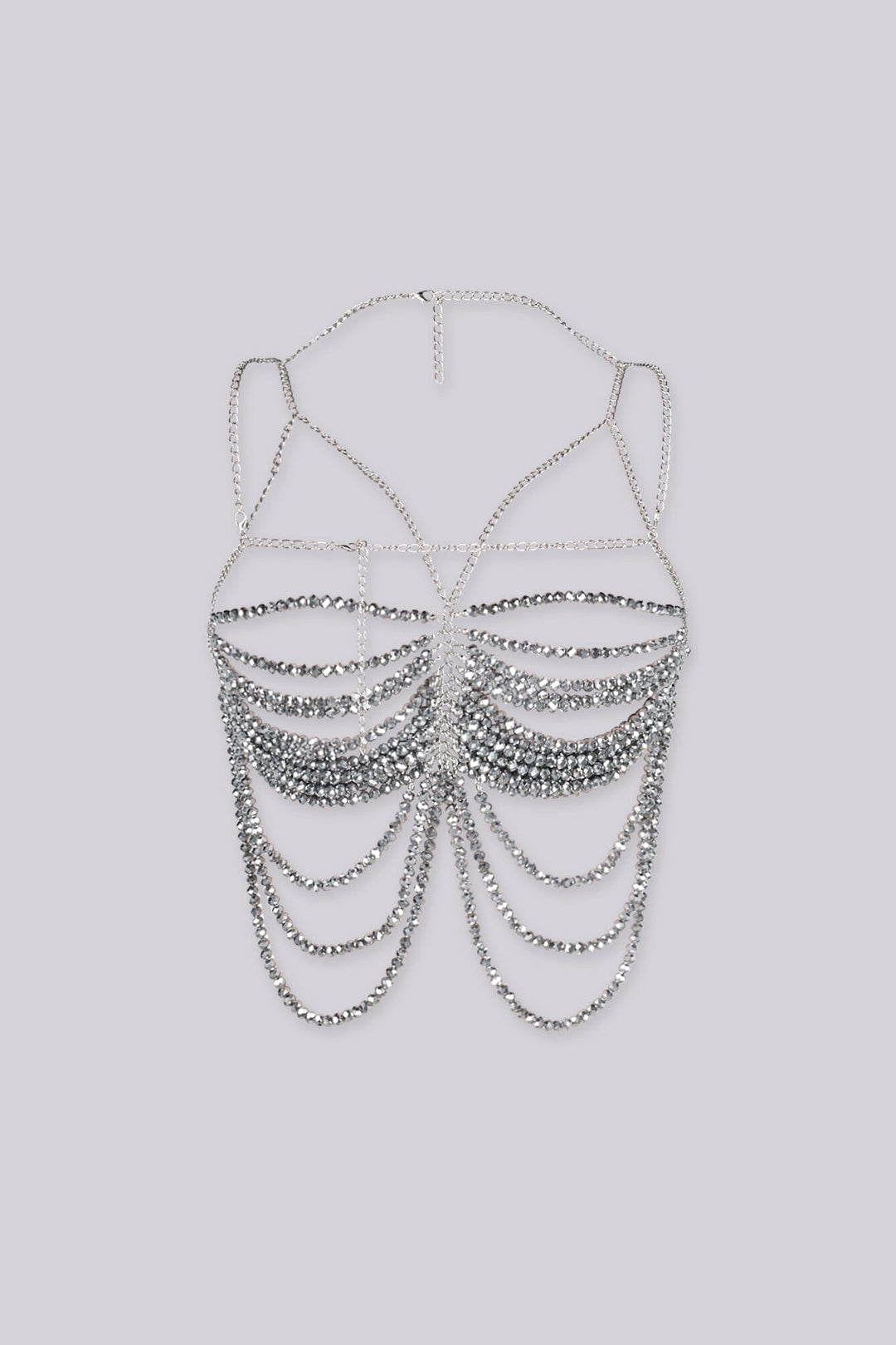 EDGE — gunmetal beaded chain top with layered draping, front view flat lay