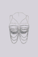 EDGE — gunmetal beaded chain top with layered draping, front view flat lay