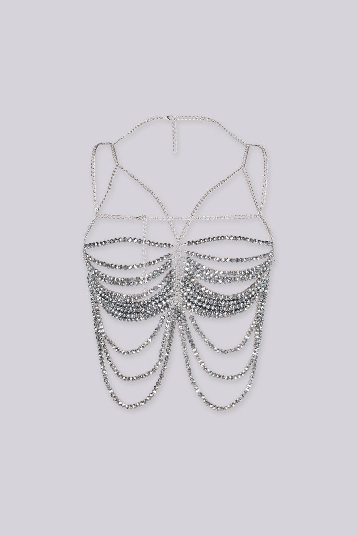 EDGE — gunmetal beaded chain top with layered draping, front view flat lay