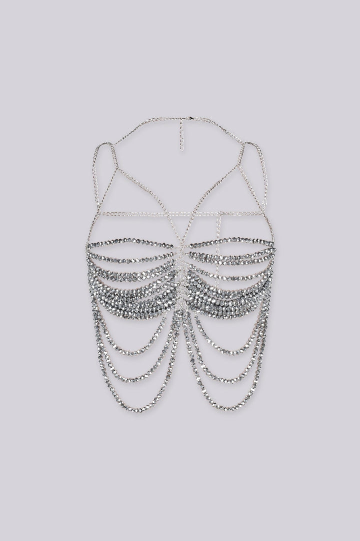 EDGE — gunmetal beaded chain top with cascading drape chains, flat lay