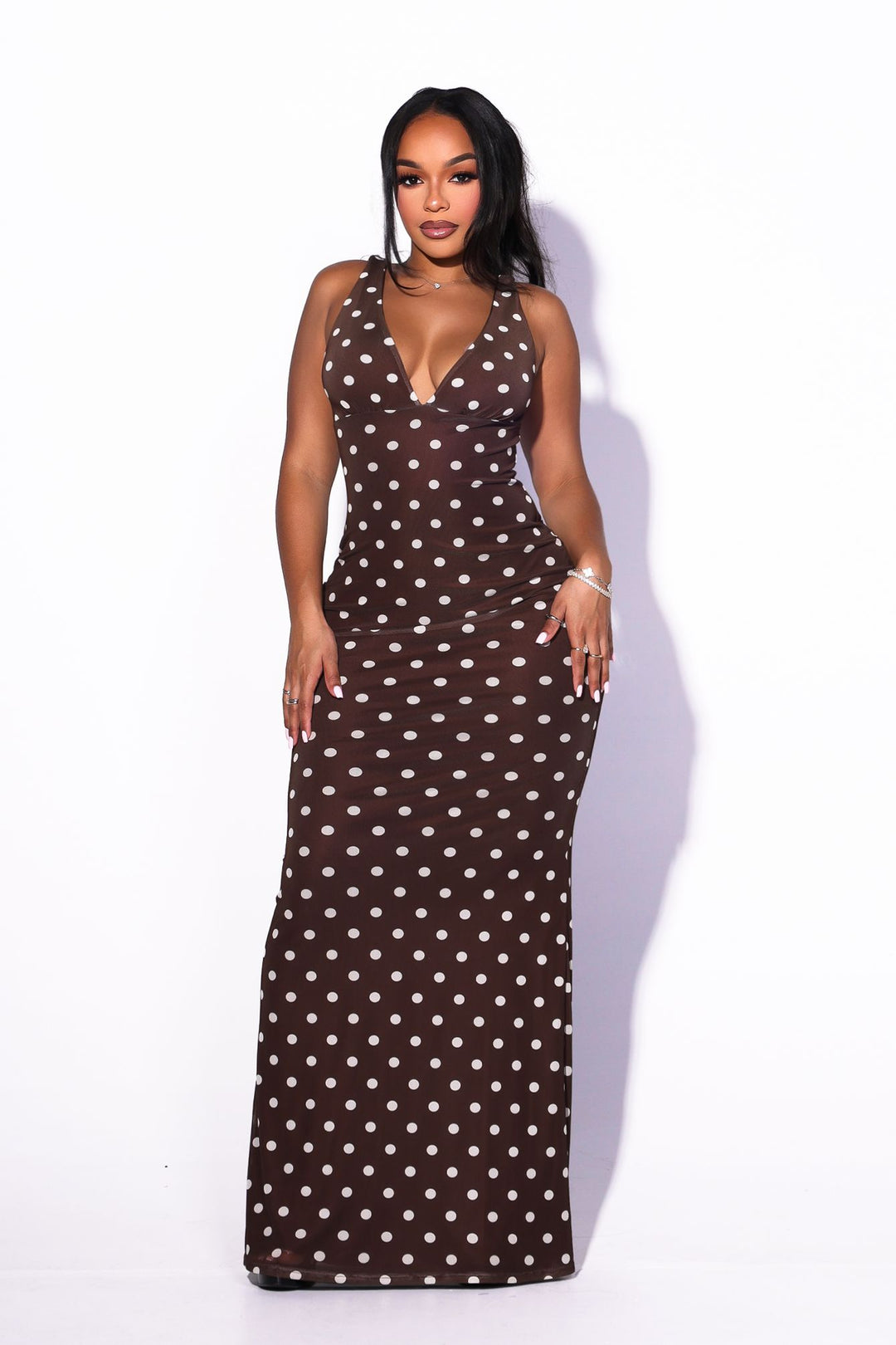 EDGEBYKS - Mesh sleeveless bodycon maxi dress with plunging V neckline, back view