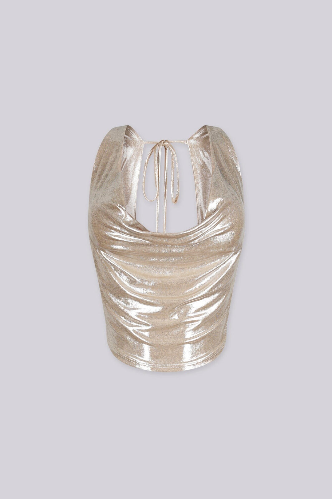 Metallic sheened top with a deep cowl neckline and a draped cowl back, front view