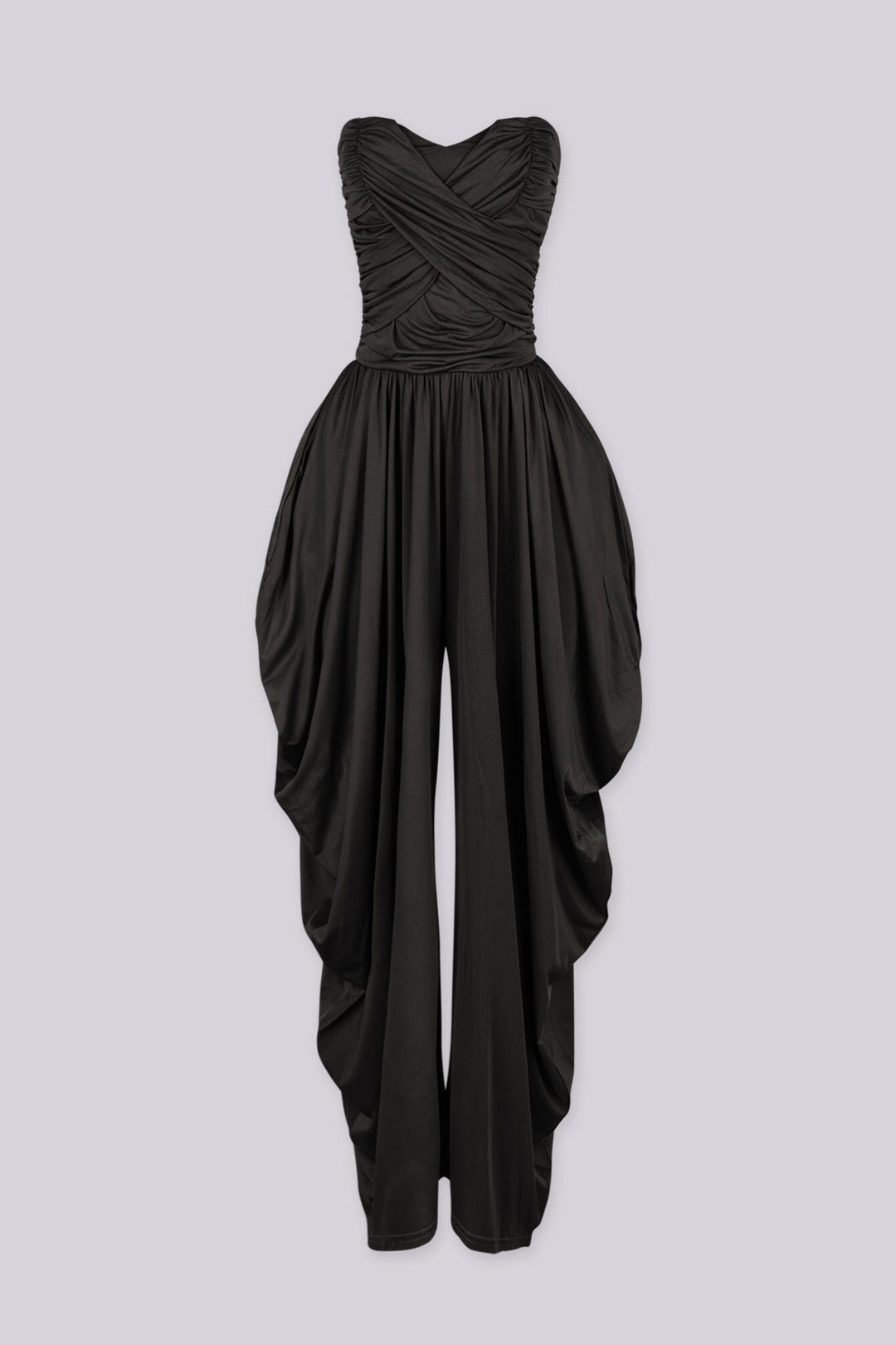 Strapless tube top jumpsuit with draped harem-style trousers