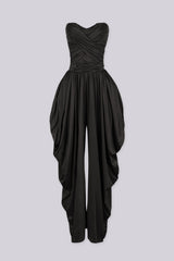 Strapless tube top jumpsuit with draped harem-style trousers