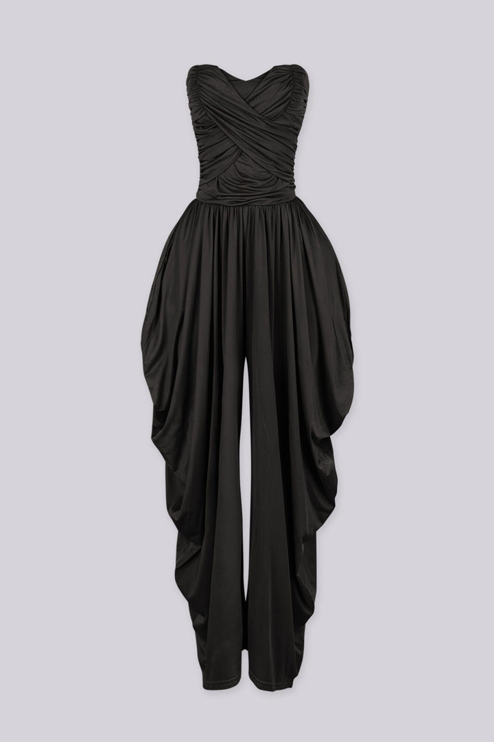 Strapless tube top jumpsuit with draped harem-style trousers