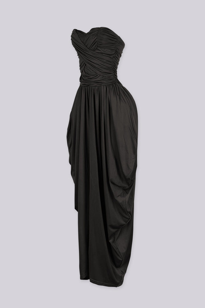 Strapless tube top jumpsuit with draped harem-style trousers