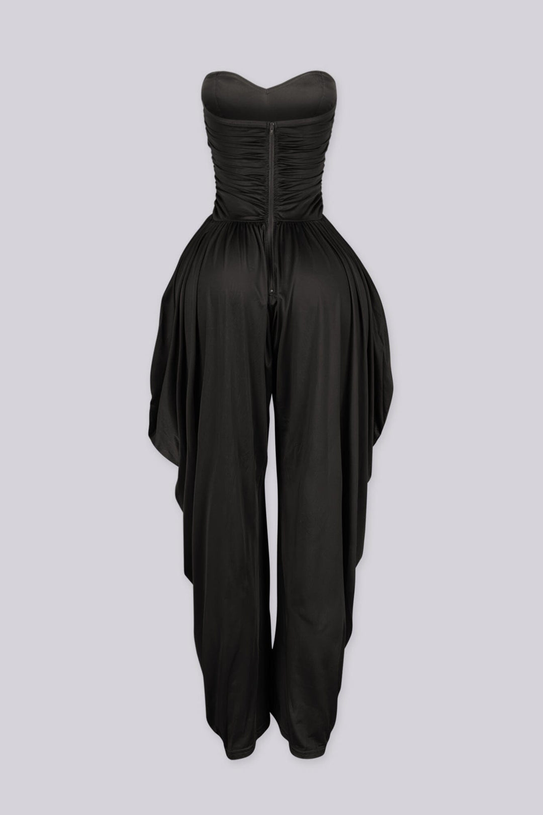 Strapless tube top jumpsuit with draped harem-style trousers