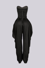 Strapless tube top jumpsuit with draped harem-style trousers