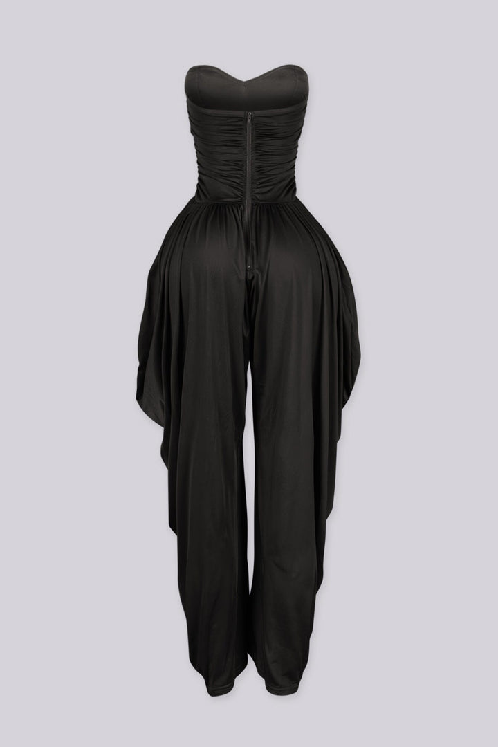 Strapless tube top jumpsuit with draped harem-style trousers