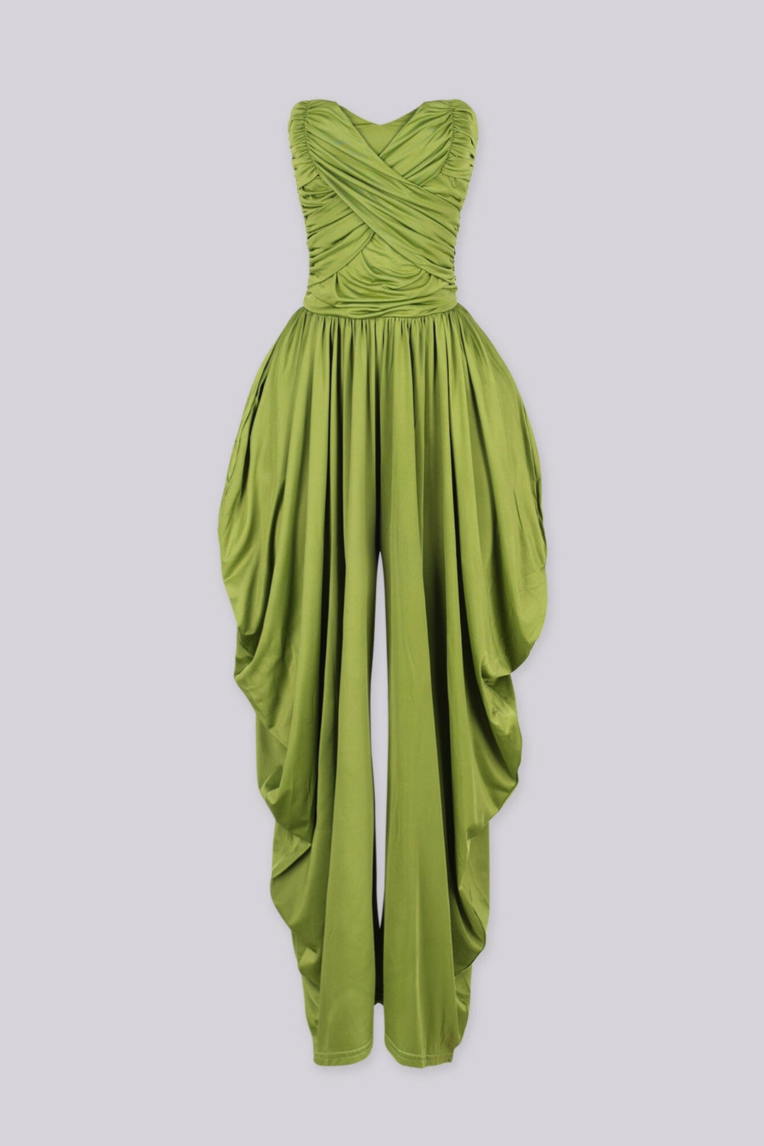 Strapless tube top jumpsuit with draped harem-style trousers