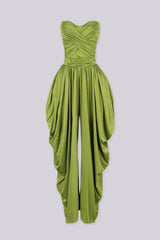 Strapless tube top jumpsuit with draped harem-style trousers