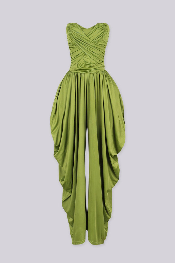 Strapless tube top jumpsuit with draped harem-style trousers