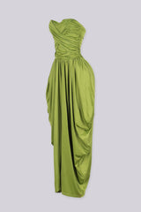 Strapless tube top jumpsuit with draped harem-style trousers