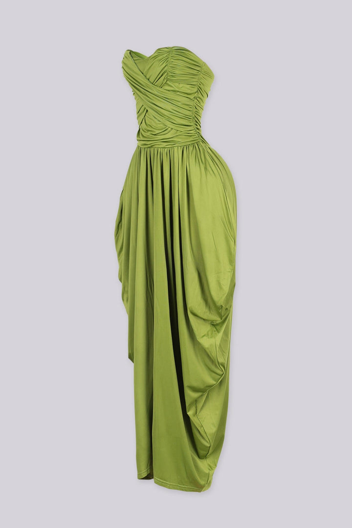 Strapless tube top jumpsuit with draped harem-style trousers