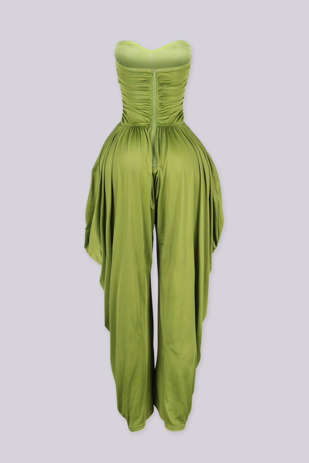 Strapless tube top jumpsuit with draped harem-style trousers