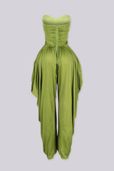 Strapless tube top jumpsuit with draped harem-style trousers