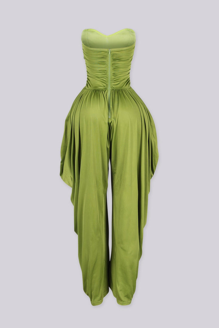 Strapless tube top jumpsuit with draped harem-style trousers
