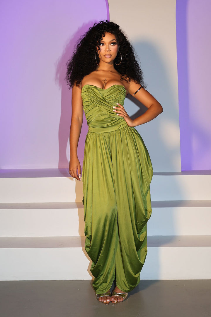 Strapless tube top jumpsuit with draped harem-style trousers
