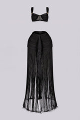 Bralette crop top featuring a gold hardware bralette,
Matching set with ruched mini skirt with floor length fringe