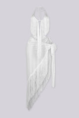 Fringe hem deep V neckline halter top,
Matching asymmetric cover up skirt
