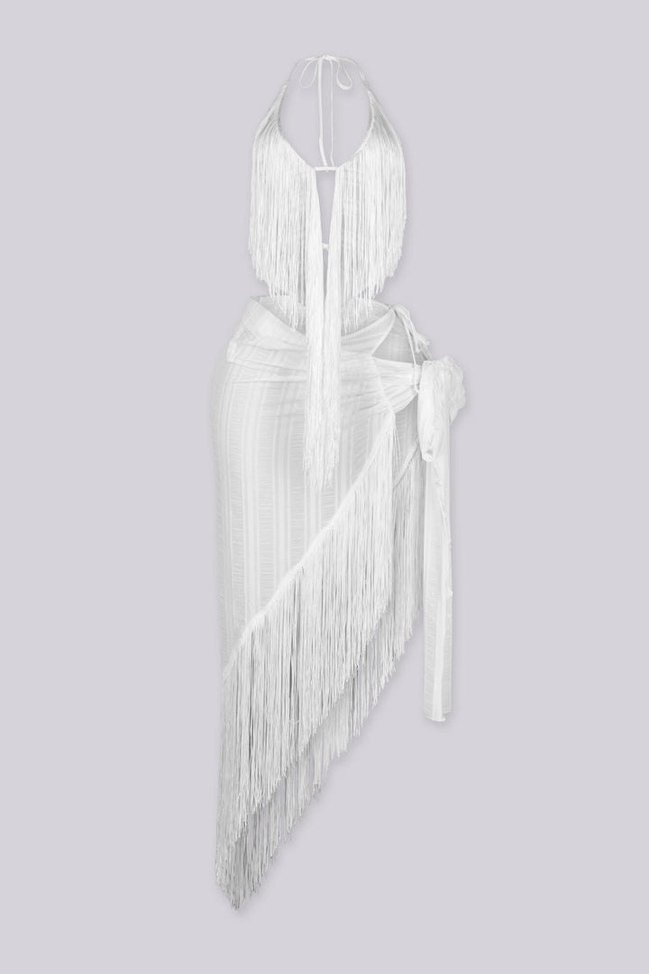 Fringe hem deep V neckline halter top,
Matching asymmetric cover up skirt