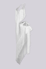 Fringe hem deep V neckline halter top,
Matching asymmetric cover up skirt