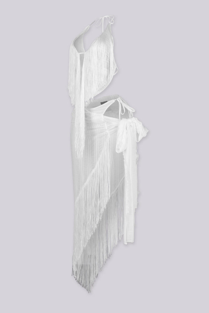 Fringe hem deep V neckline halter top,
Matching asymmetric cover up skirt