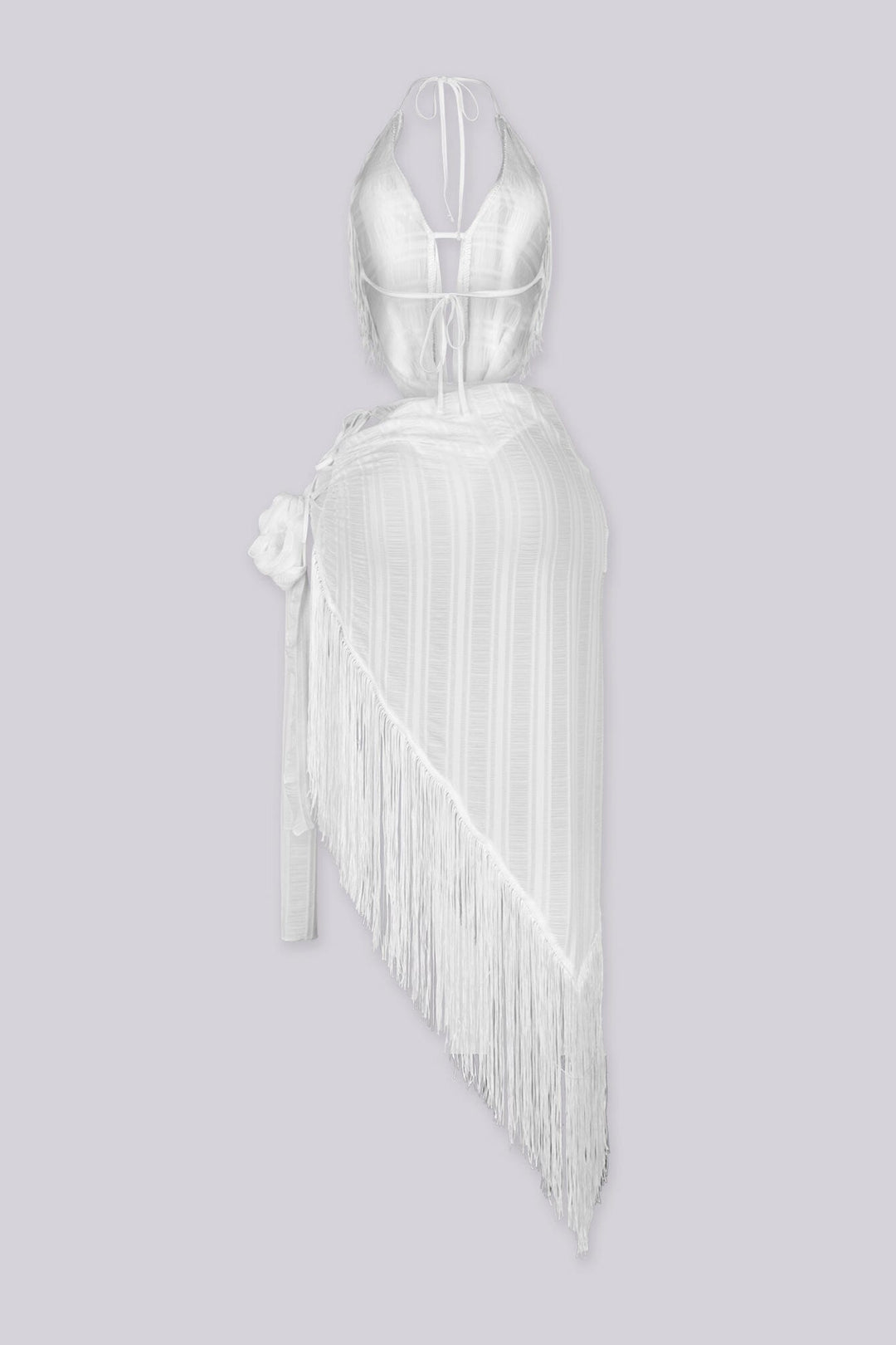 Fringe hem deep V neckline halter top,
Matching asymmetric cover up skirt