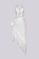 Fringe hem deep V neckline halter top,
Matching asymmetric cover up skirt