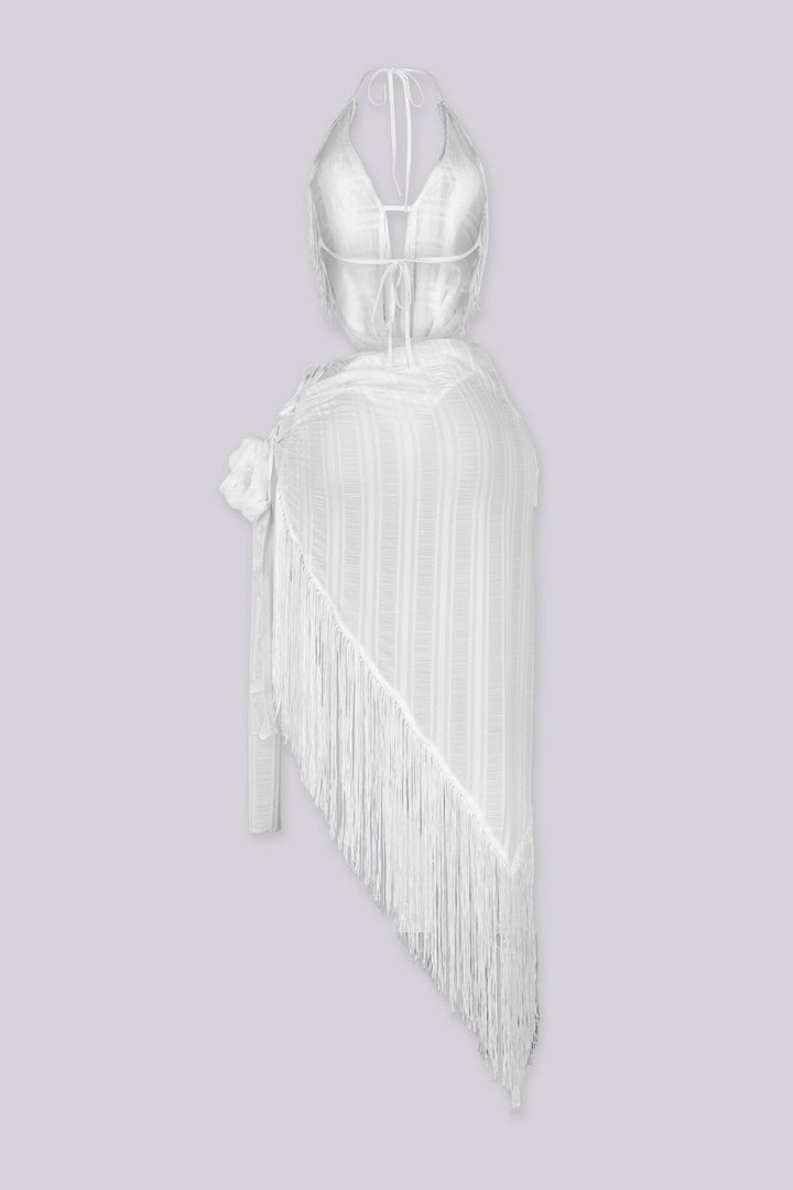 Fringe hem deep V neckline halter top,
Matching asymmetric cover up skirt