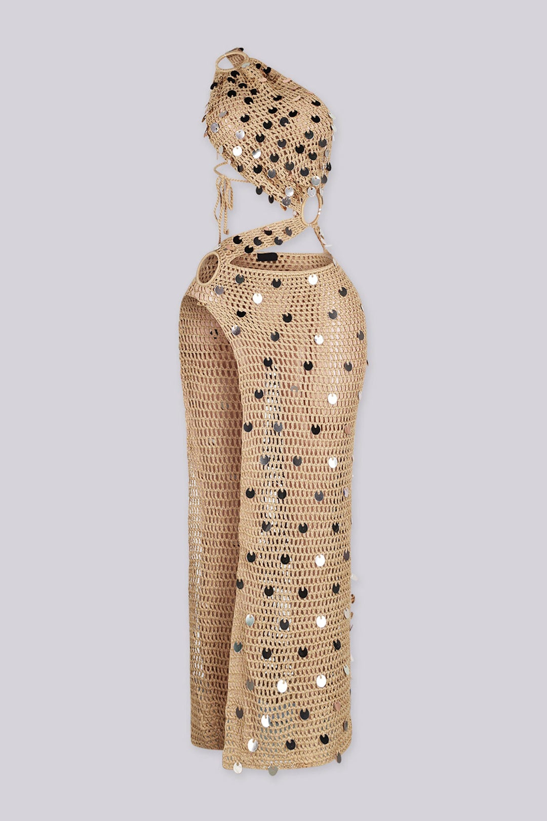 One shoulder crochet maxi dress with an O-ring detail at the shoulder and waist