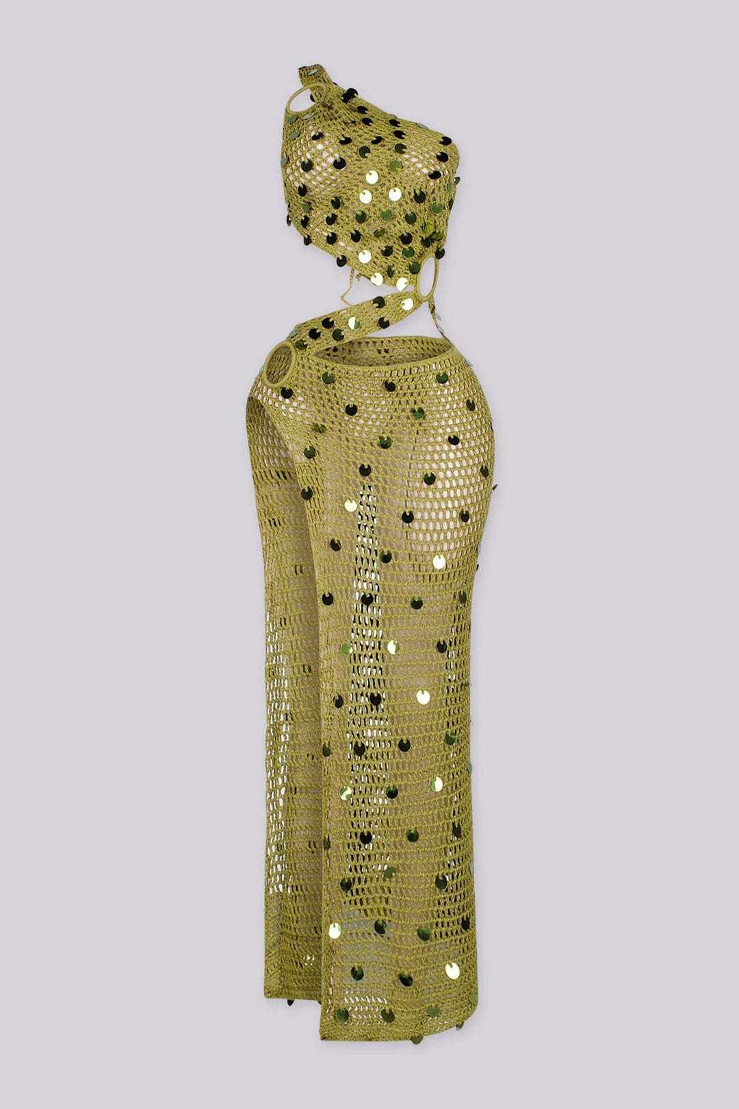 One shoulder crochet maxi dress with an O-ring detail at the shoulder and waist, front view