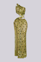 One shoulder crochet maxi dress with an O-ring detail at the shoulder and waist, front view